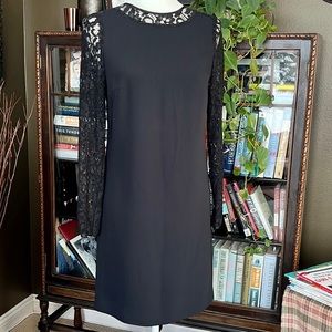 Reiss Cersai Black Sheath Dress Cocktail Long Lace Sleeves Open Zip Back